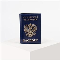 Обложка для паспорта, тиснение фольга, герб, гладкий, цвет синий
