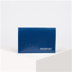Обложка для паспорта, тиснение фольга, крокодил, цвет синий