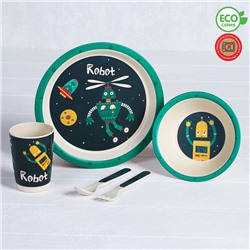 Набор детской посуды из бамбука «Робот», 5 предметов: тарелка, миска, стакан, столовые приборы