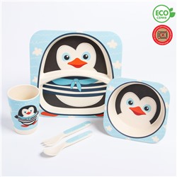 Набор детской бамбуковой посуды «Пингвинчик», тарелка, миска, стакан, приборы, 5 предметов