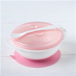 Набор для кормления, 3 предмета: миска на присоске 400 мл, крышка, ложка, цвет присоски розовый, цвет крышки МИКС