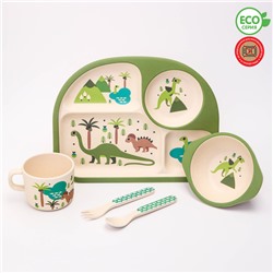Набор бамбуковой посуды «Динозавры», тарелка, миска, стакан, приборы, 5 предметов