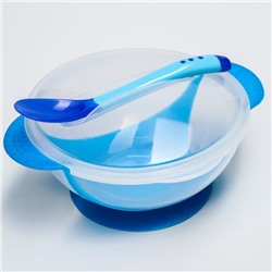 Набор для кормления, 3 предмета: тарелка на присоске 400 мл, крышка, ложка, цвет синий