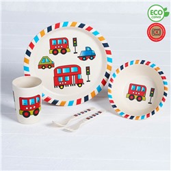 Набор детской посуды из бамбука «Машинки», 5 предметов: тарелка, миска, стакан, столовые приборы