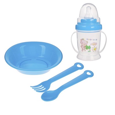 Набор детской посуды, 4 предмета: миска, ложка, вилка, поильник с соской 200 мл, цвета МИКС