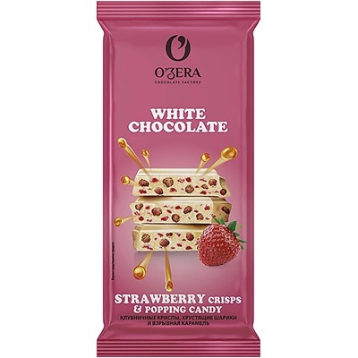 «OZera», шоколад белый «С клубничными криспами, хрустящими шариками и взрывной карамелью», 90 г