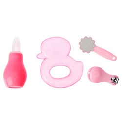 Набор по уходу за ребёнком, 4 предмета: аспиратор назальный, прорезыватель, пилочка и щипчики для ногтей, цвет розовый, МИКС