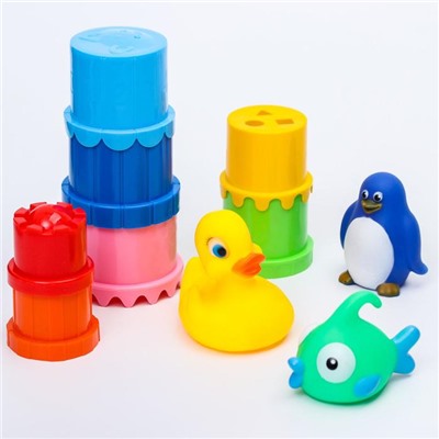Набор для купания "Водные забавы":  кубик, резиновые игрушки + пирамидки 7 шт.